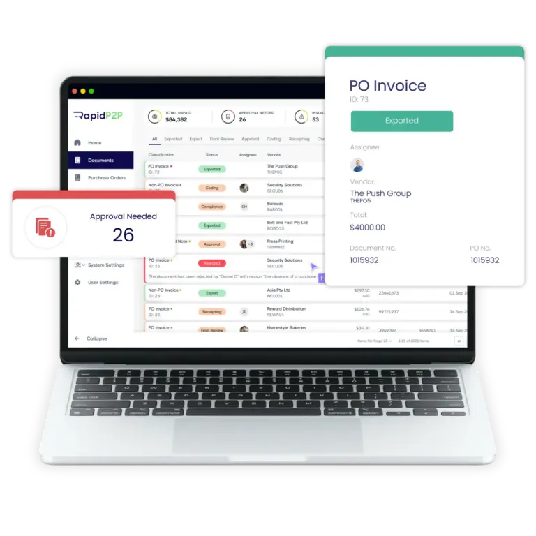 RapidP2P accounts payable automation dashboard showing invoice approvals