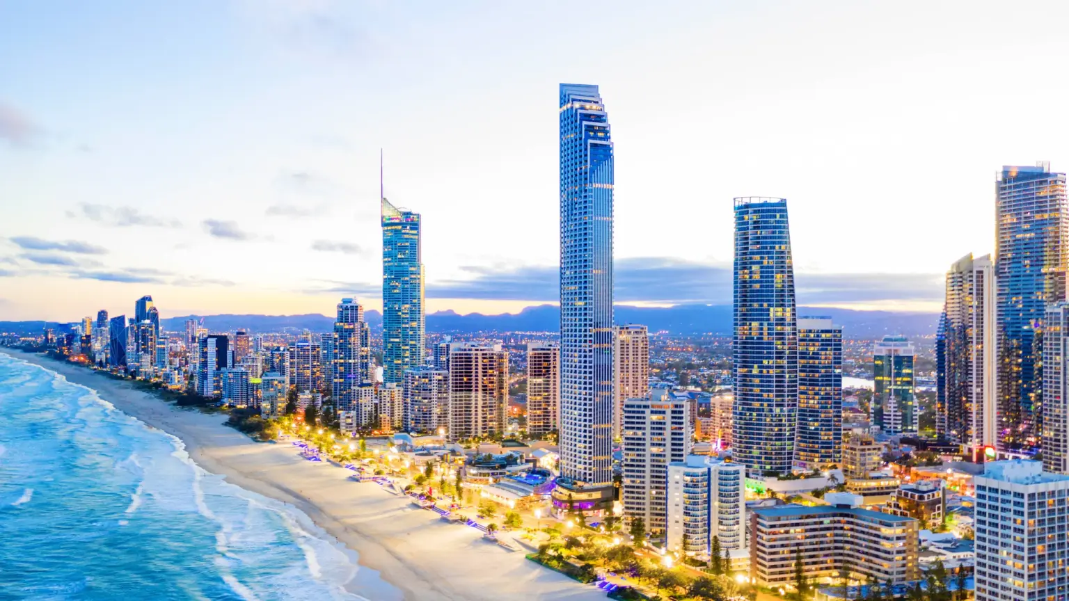 Gold Coast skyline and Surfers Paradise beach at dusk