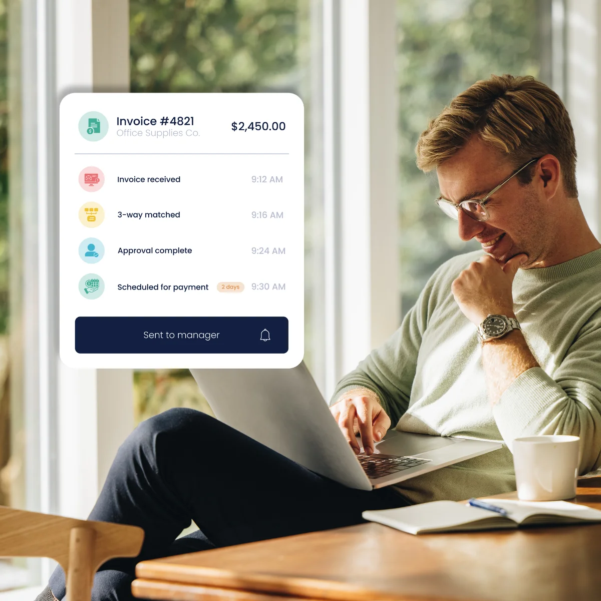 Finance professional on a laptop beside a RapidP2P invoice moving from received to scheduled for payment